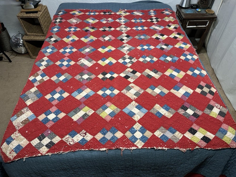 Vtg Nine Patch on Point Quilt Hand Sewn Red Feedsack Patchwork Distressed *Read