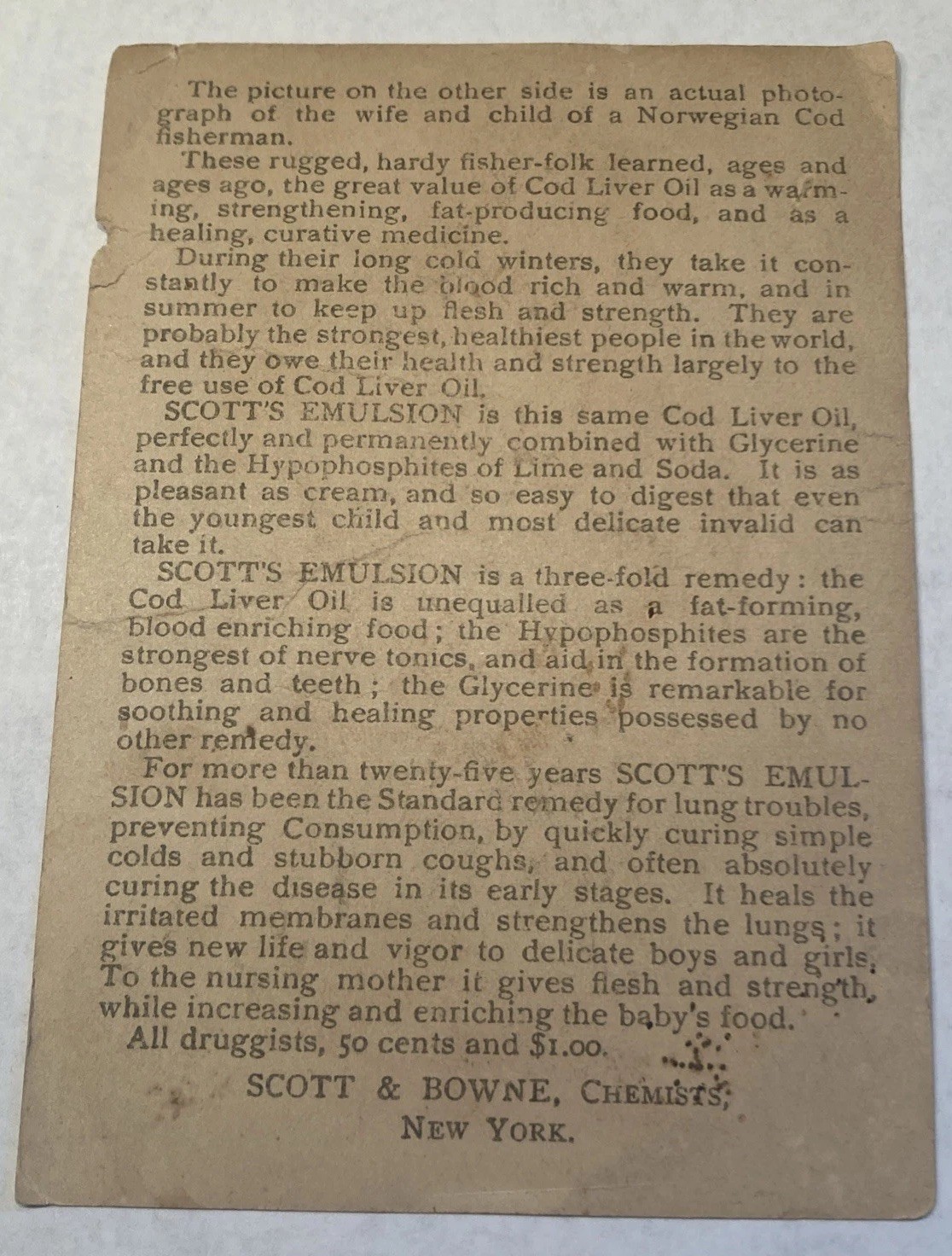 Scott's Emulsion Victorian Trading Card Scott& Brown NY Norwegian Mother & Baby