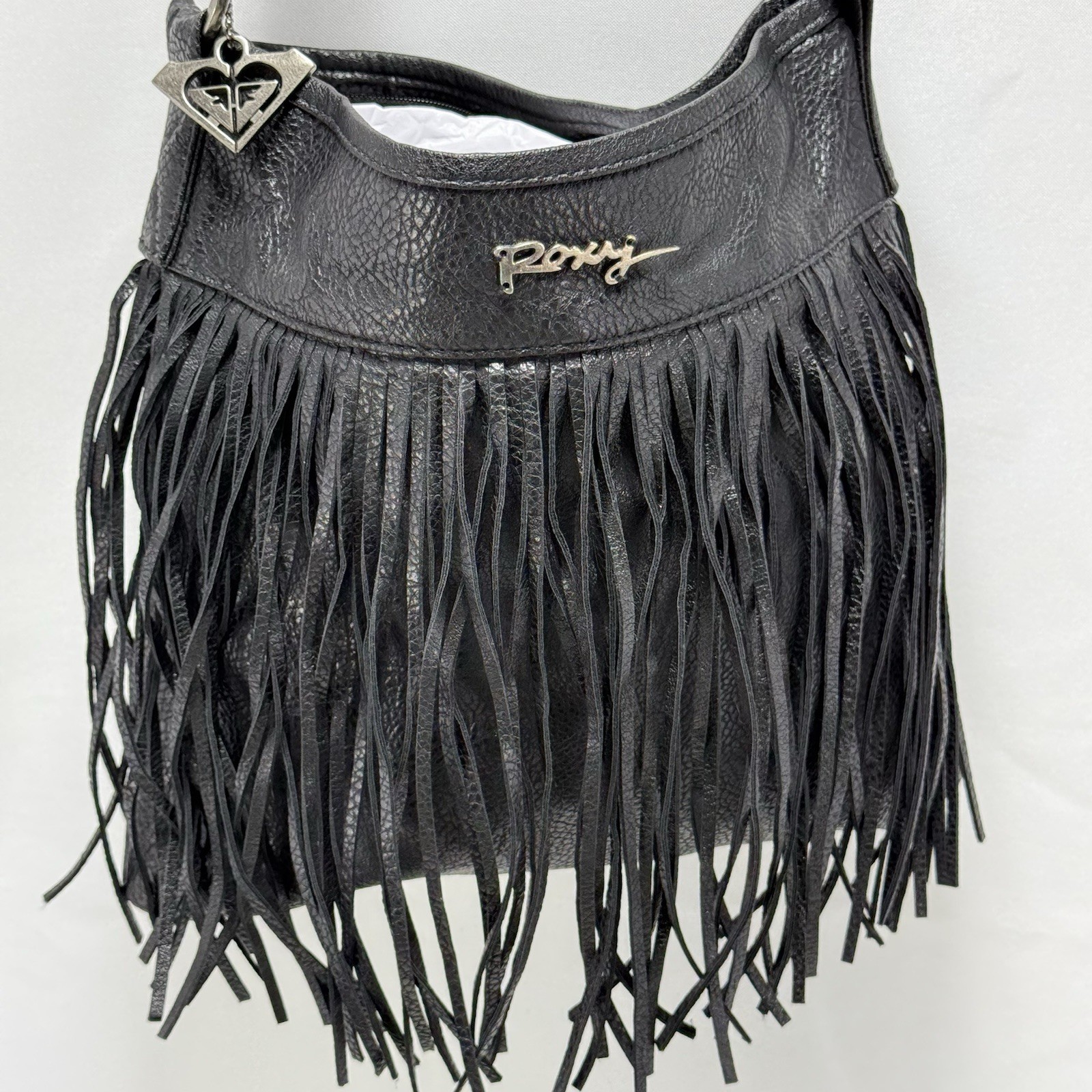 Vintage Y2K Roxy Boho Black Pebbled Fringe Bag Faux Leather Crossbody Purse Mint