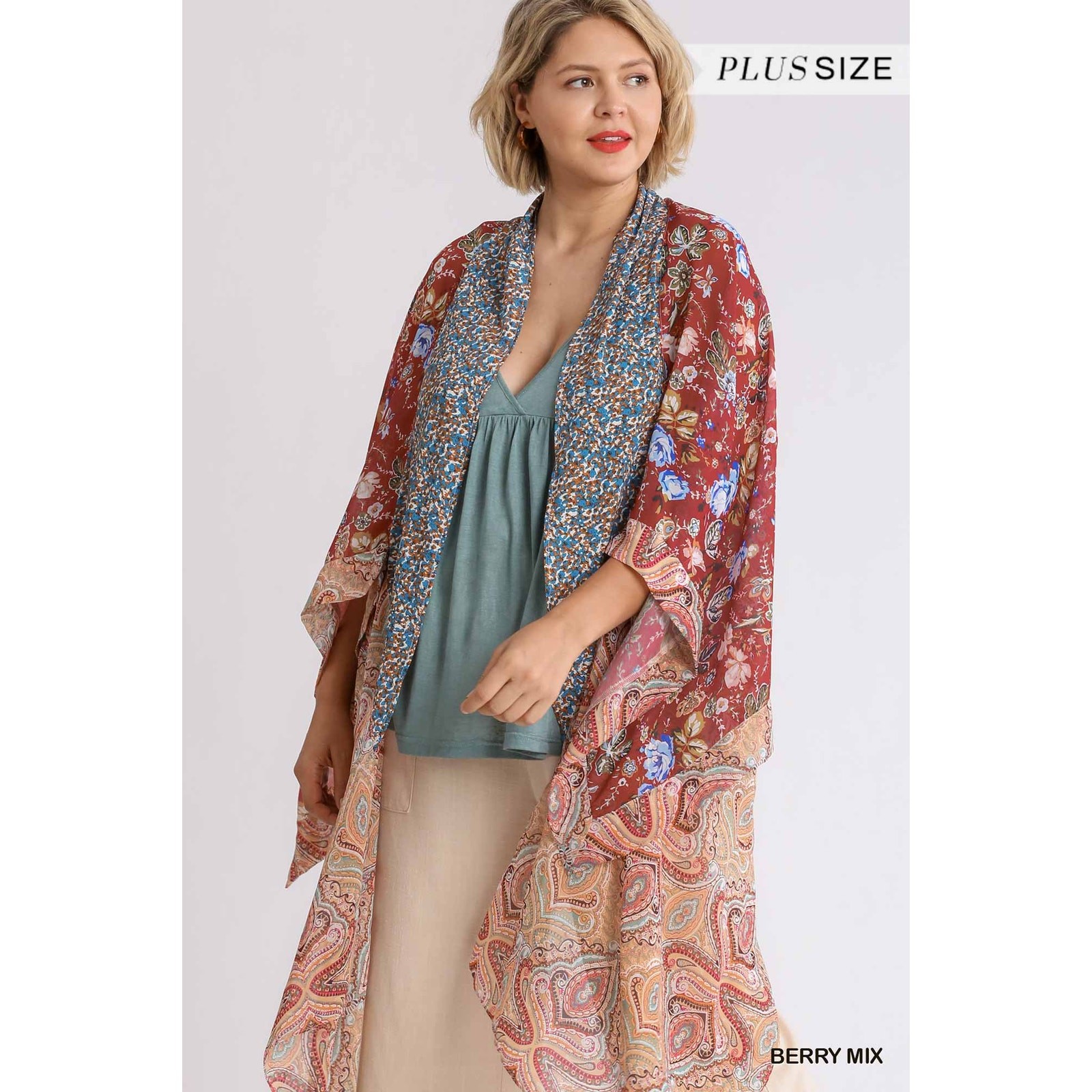 Umgee Sheer Long Paisley Floral Boho Kimono in Berry Mix Plus Size 1XL/2XL