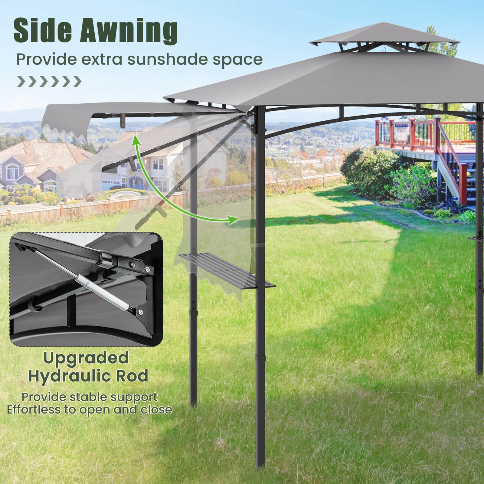 11 x 5 FT Grill BBQ Gazebo w/ Side Awning Double-Tiered Top 2 Side Shelves