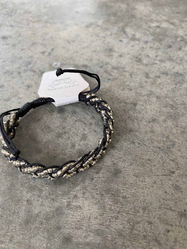 Artisan Black Silver Beaded Woven Braided Bracelet