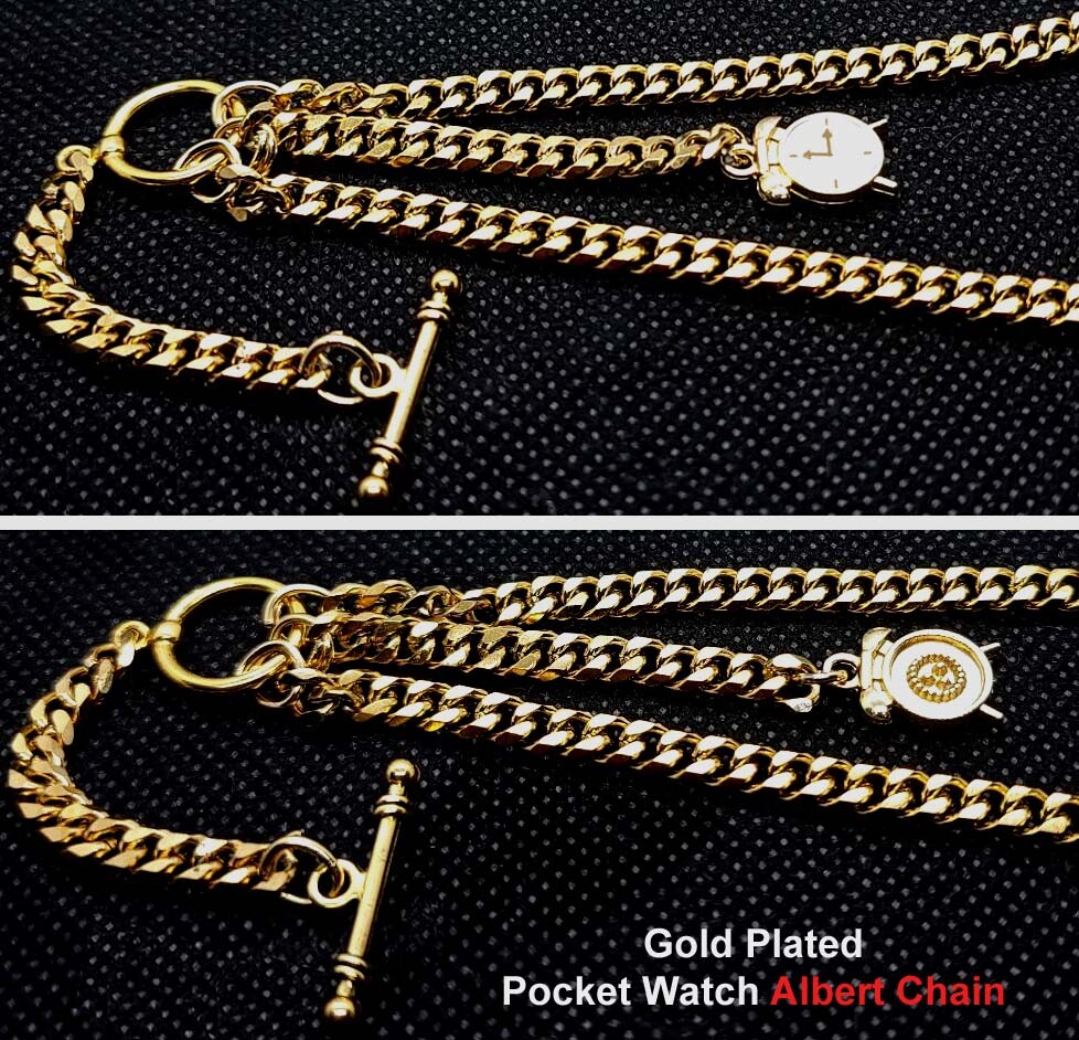 Gold Plated V Strong Pocket Watch Albert Double Chain With Ornate Fob.