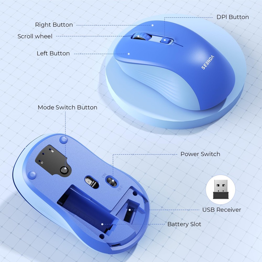 Bluetooth Wireless Mouse, Bluetooth & 2.4G USB Dual Mode, Quiet Clicks, Smoot...