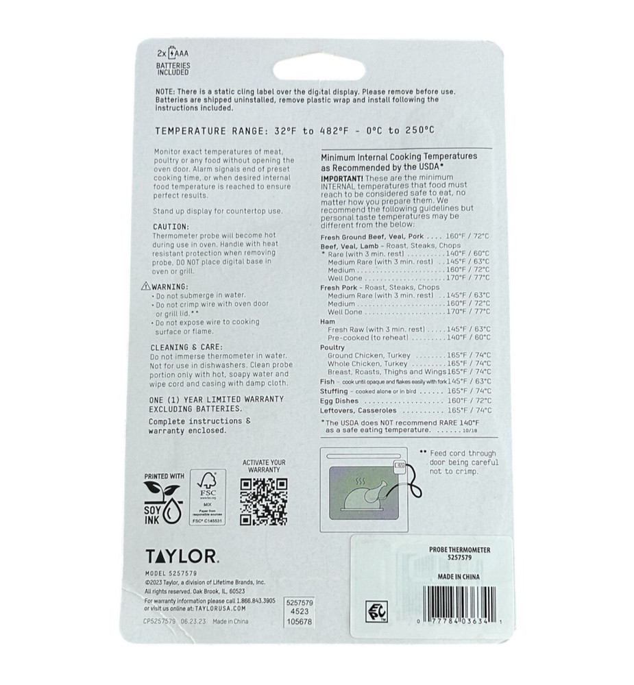 TAYLOR Digital Wired Probe Meat Thermometer w/Timer Programmable New in Package