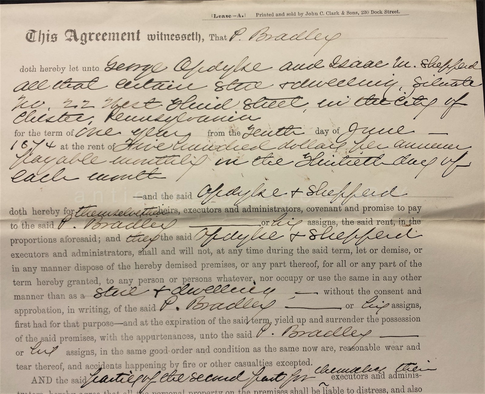 1875 antique DEED LEASE CONTRACT chester pa OPDYKE & SHEPPERD BRADLEY