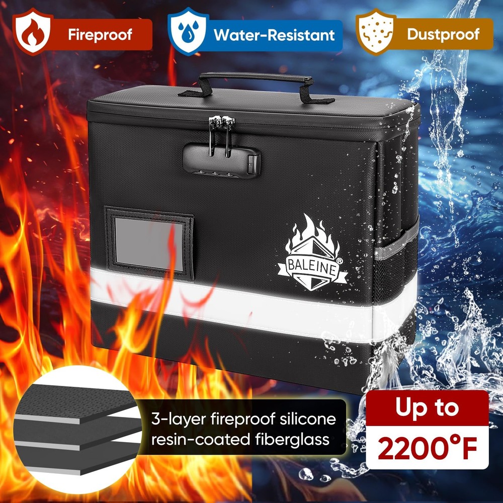 BALEINE Fireproof Document Box with Lock, Portable Fireproof Document Bag Waterp