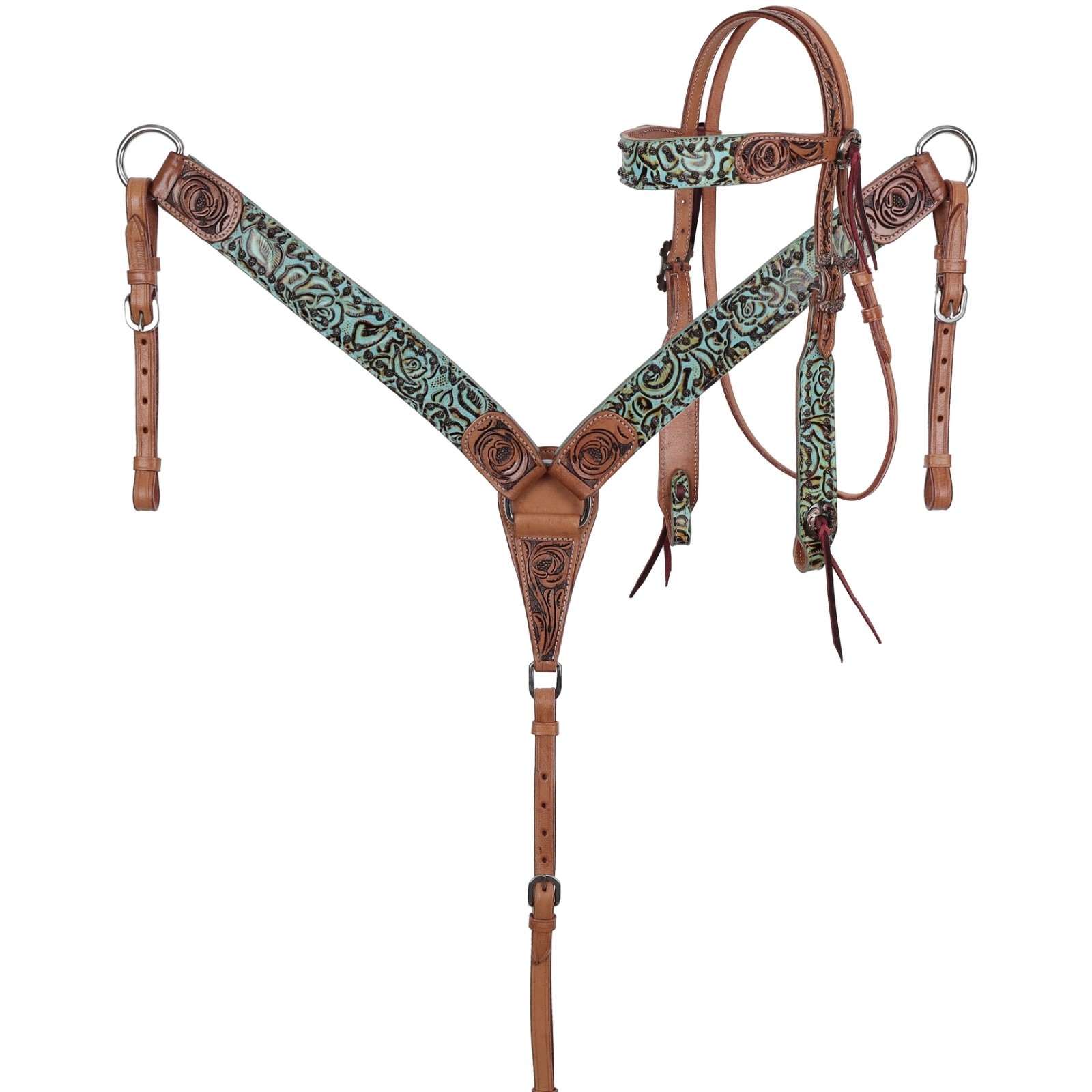 Teal Rustic Rose Western headstall/breast collar set w/reins