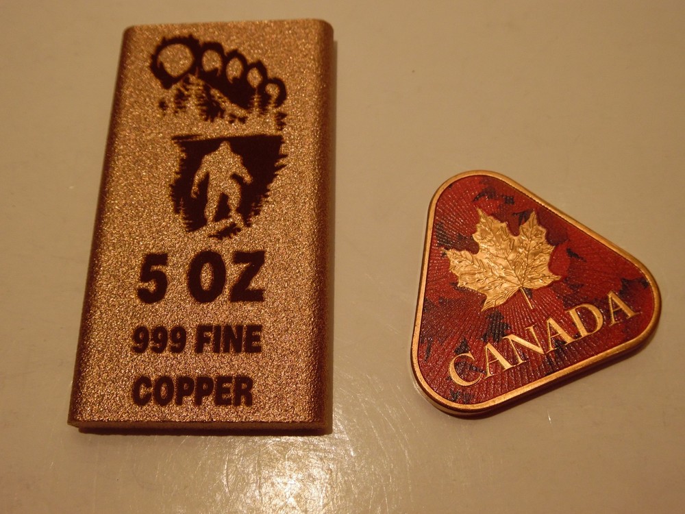 Big foot INGOT 5 oz .999 Fine Copper + Canada Maple Leaf Triangular 1 Oz Copper