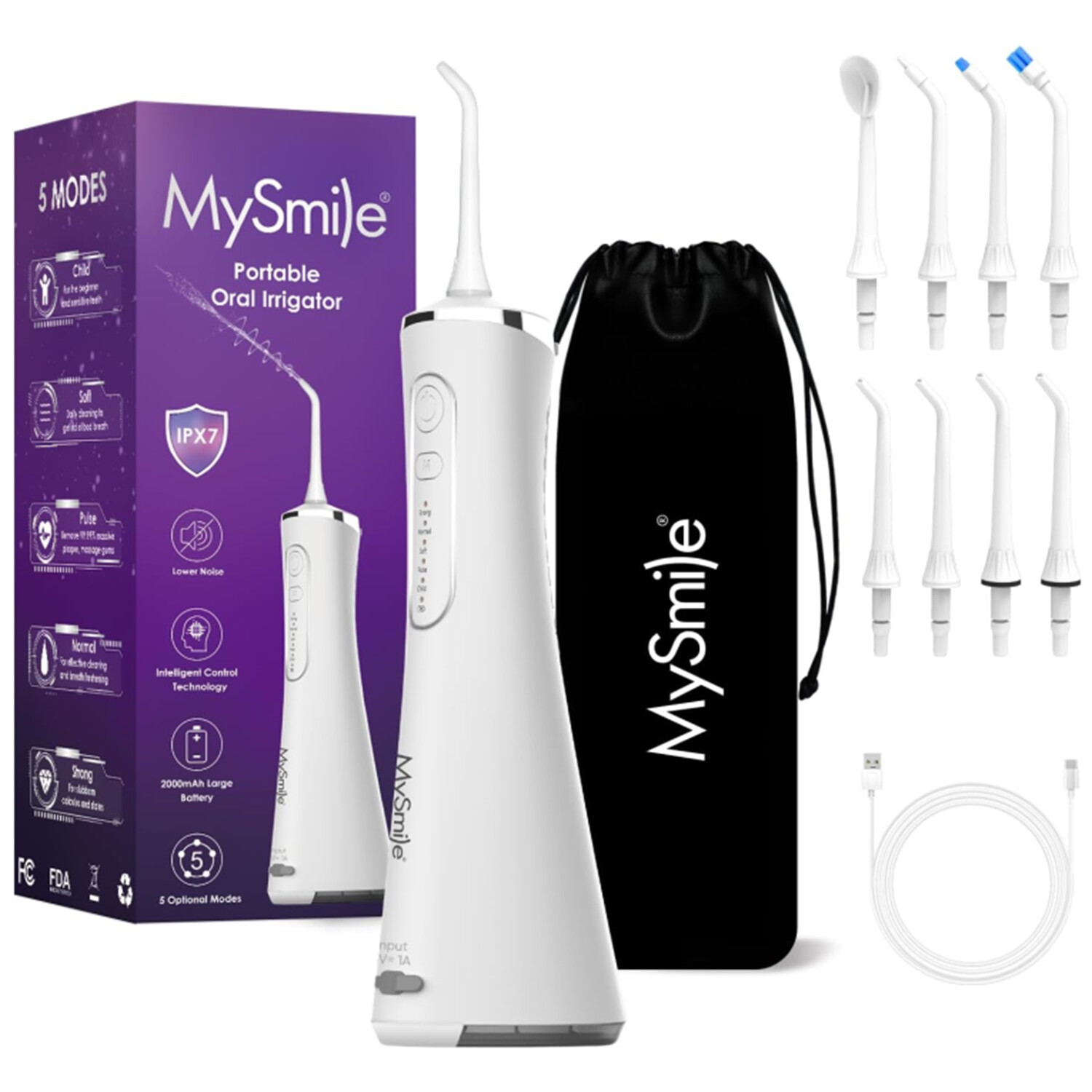 MySmile LP211 Cordless Water Dental Flosser Oral Irrigator 5 Modes 8Tips