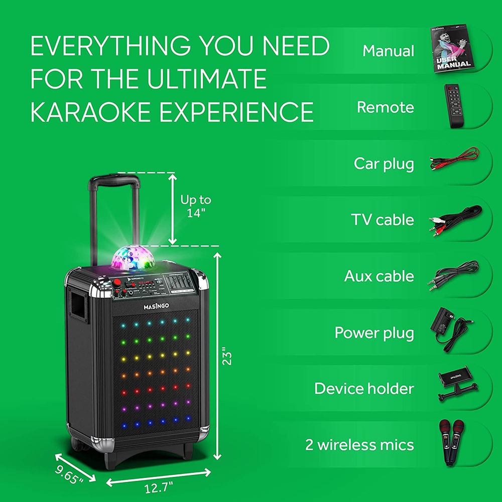 Karaoke Machine Bluetooth Portable Singing Speaker System with Mics, Party Light