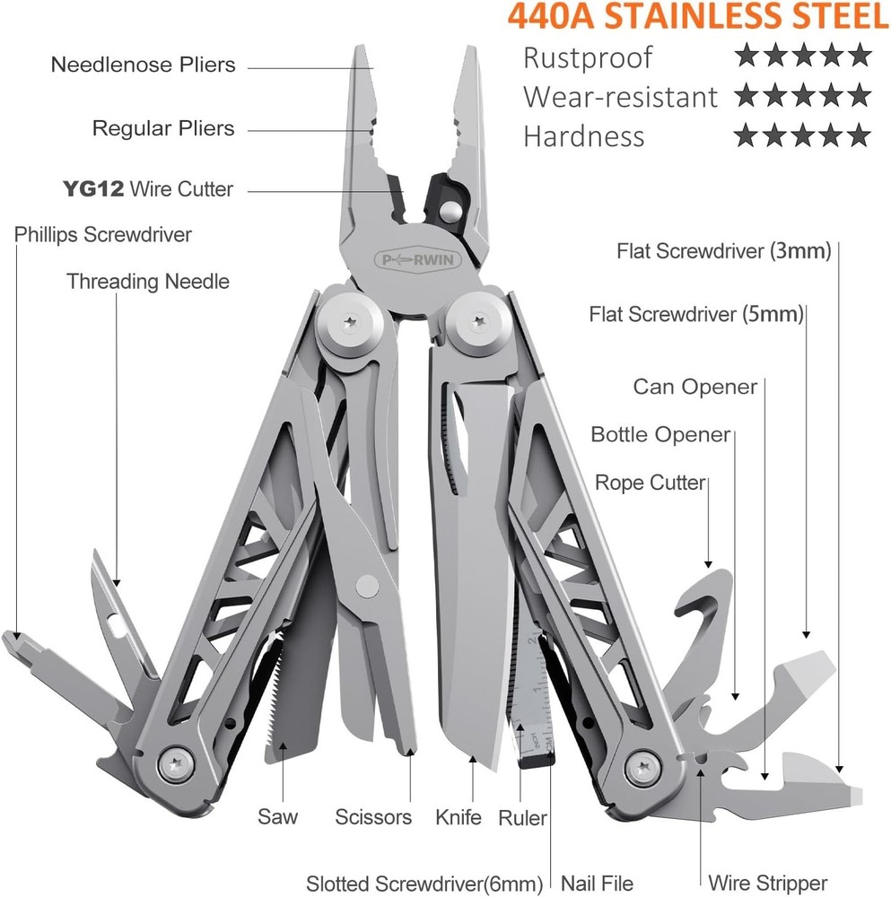 PERWIN Multitool, 17-in-1 Stainless Steel Multi Tool Pliers with Self-Locking