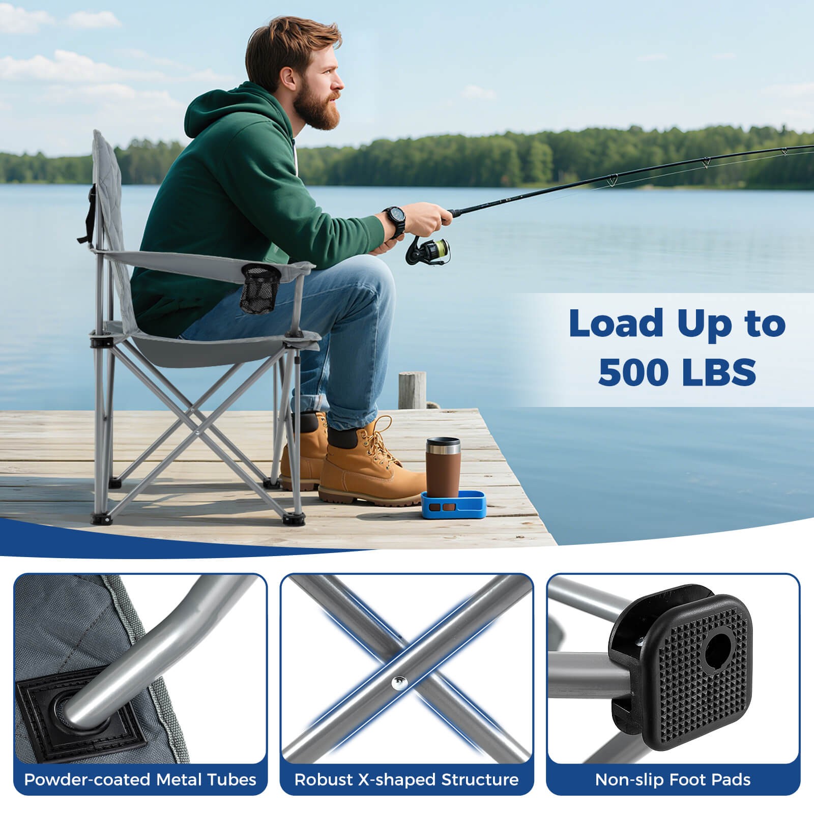 Oversized Camping Chairs Heavy Duty Outdoor Folding Chair w/Cooler Pouch