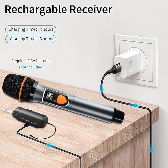 Wireless Microphone UHF Dual Handheld Dynamic Mic System Receiver Rechargeable