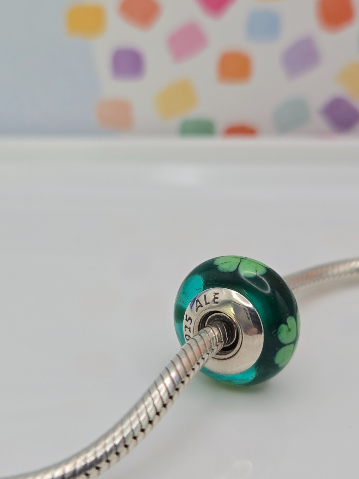 Authentic Pandora Green Lucky Clover Murano Silver Bead glass moments Charm