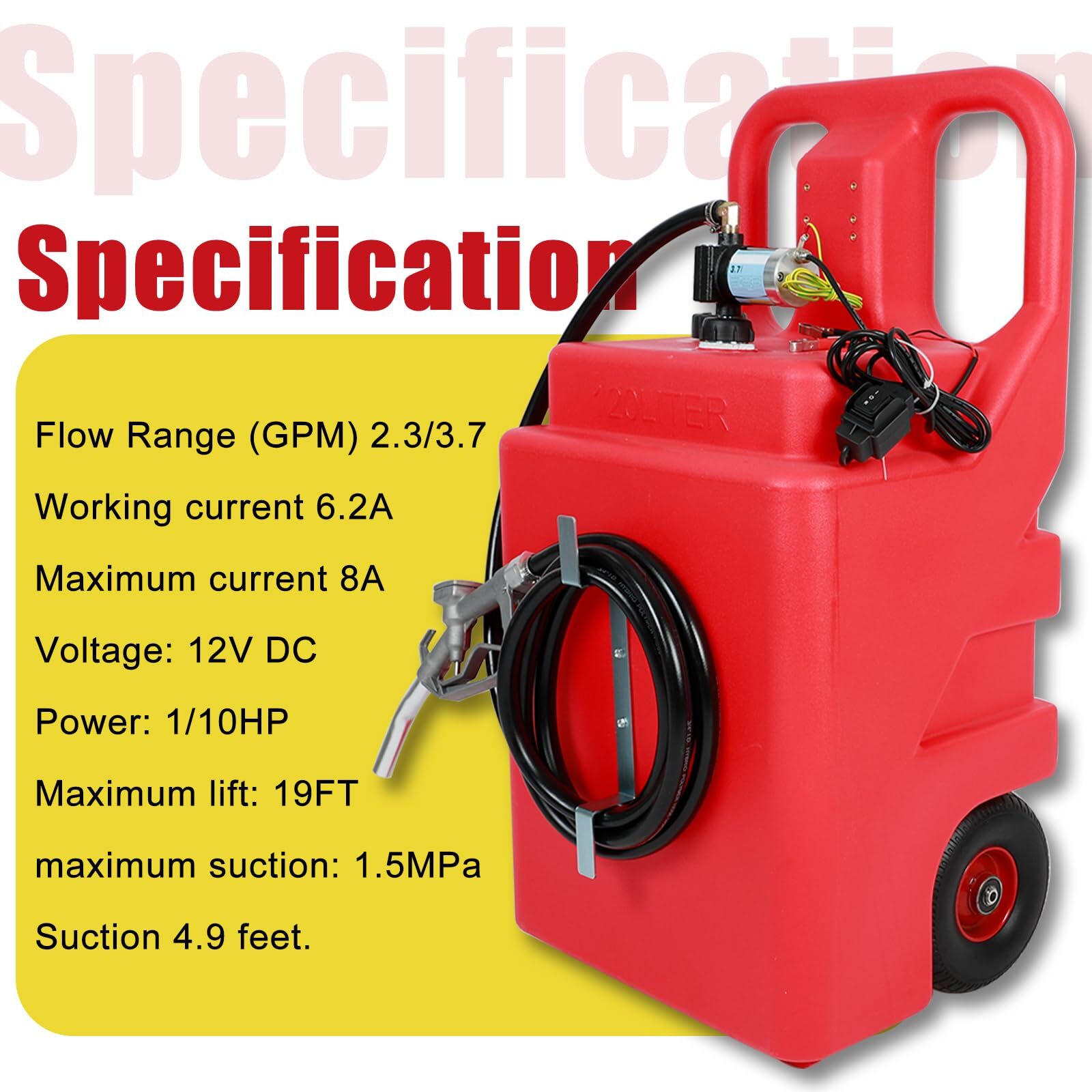 32 Gallon Portable Fuel Tank Caddy w/ Electric Transfer Pump On-Wheel 3.7GPM Red