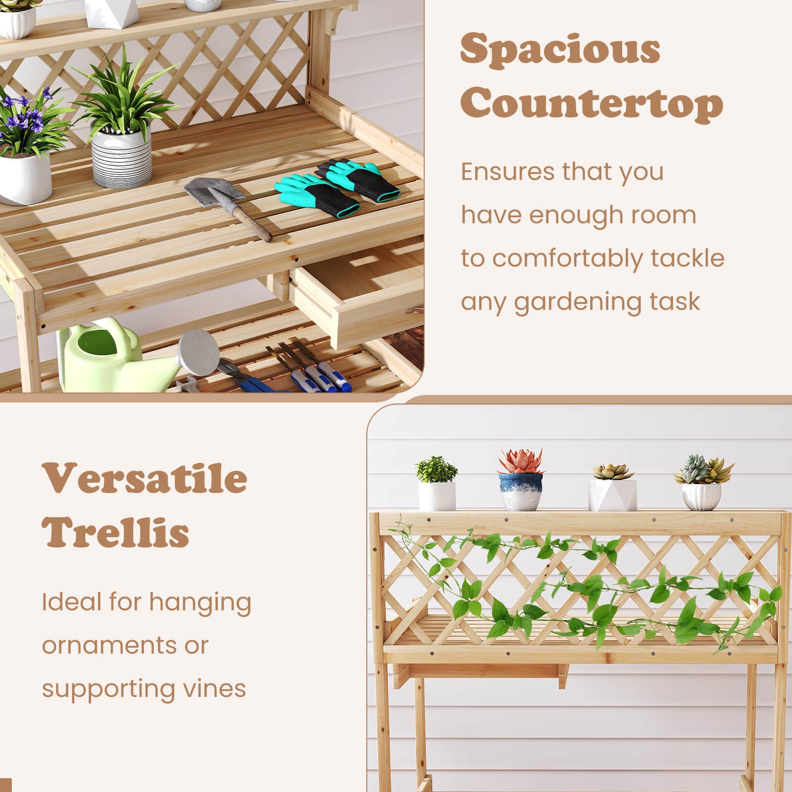 Garden Potting Bench Table w/Lattice Trellis Removable Drawer Top & Lower Shelf