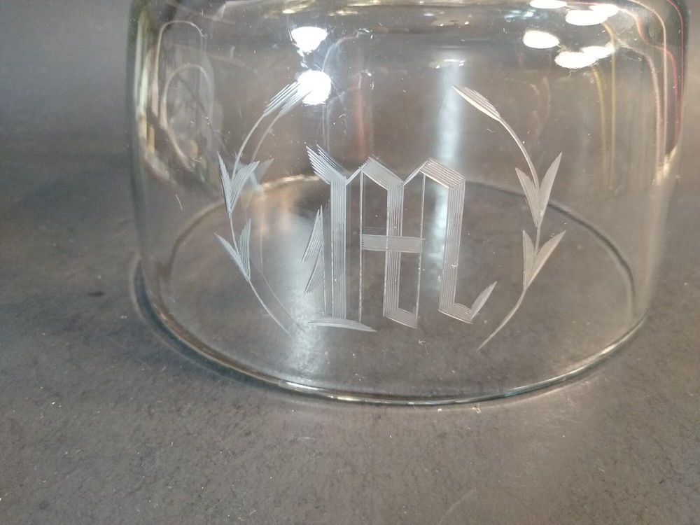 Glass Cheese Dome, monogrammed M light scratching