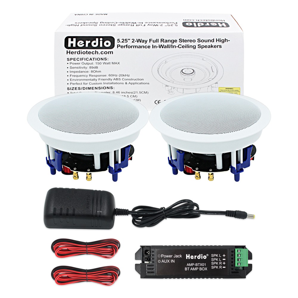 Herdio 2 Pack 5.25" Bluetooth Ceiling Speakers 300W Flush Mount In Wall Design