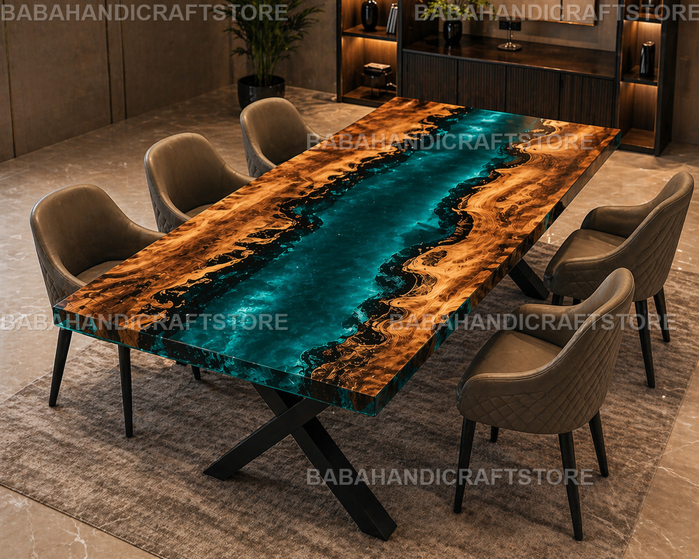 Custom Live Edge Walnut Dining Table with Teal Epoxy River Handmade Table Top