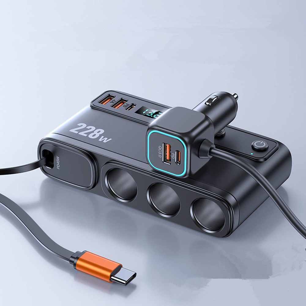 Multi Function Car Charger 9-in-1 with 3 Cigarette Lighter Sockets 6 USB 228W