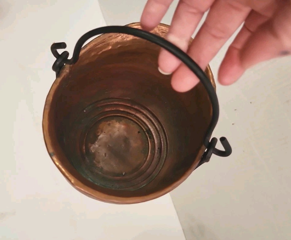 Hammered Copper Pot Hanging Cauldron Rustic Primitive Decor Black Iron Handle