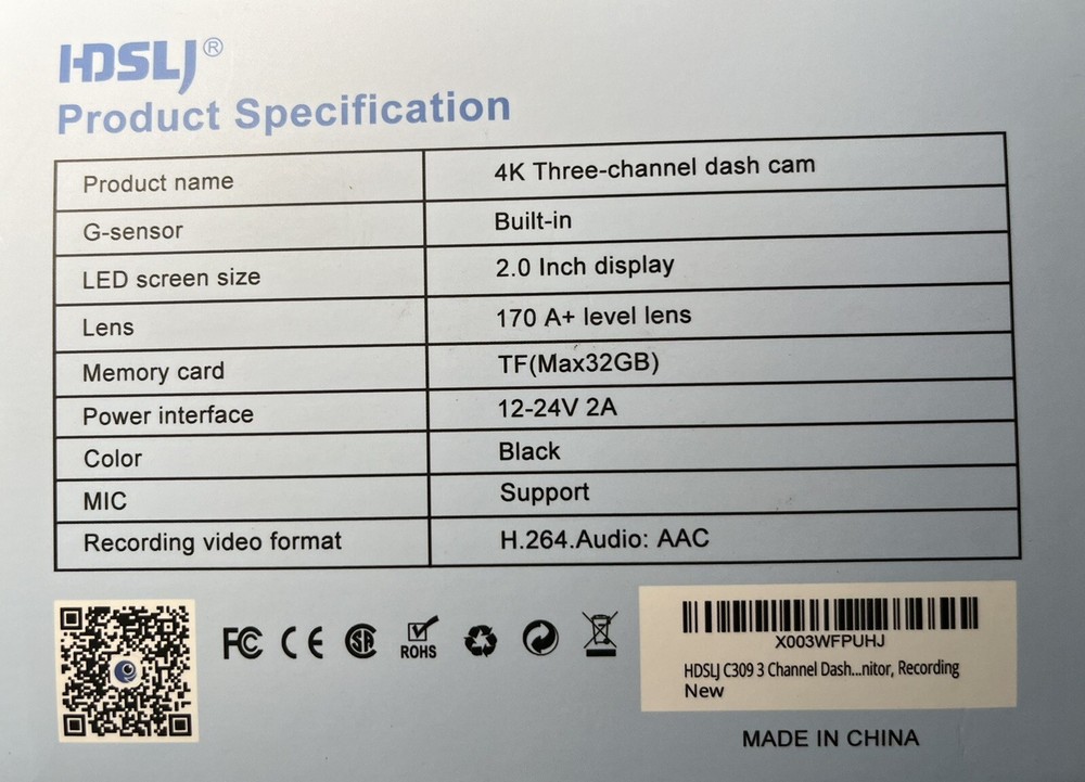 3 Channels Car Dash Camera 1296x1080P Front Inside & Rear Camera 130°Wide Angle