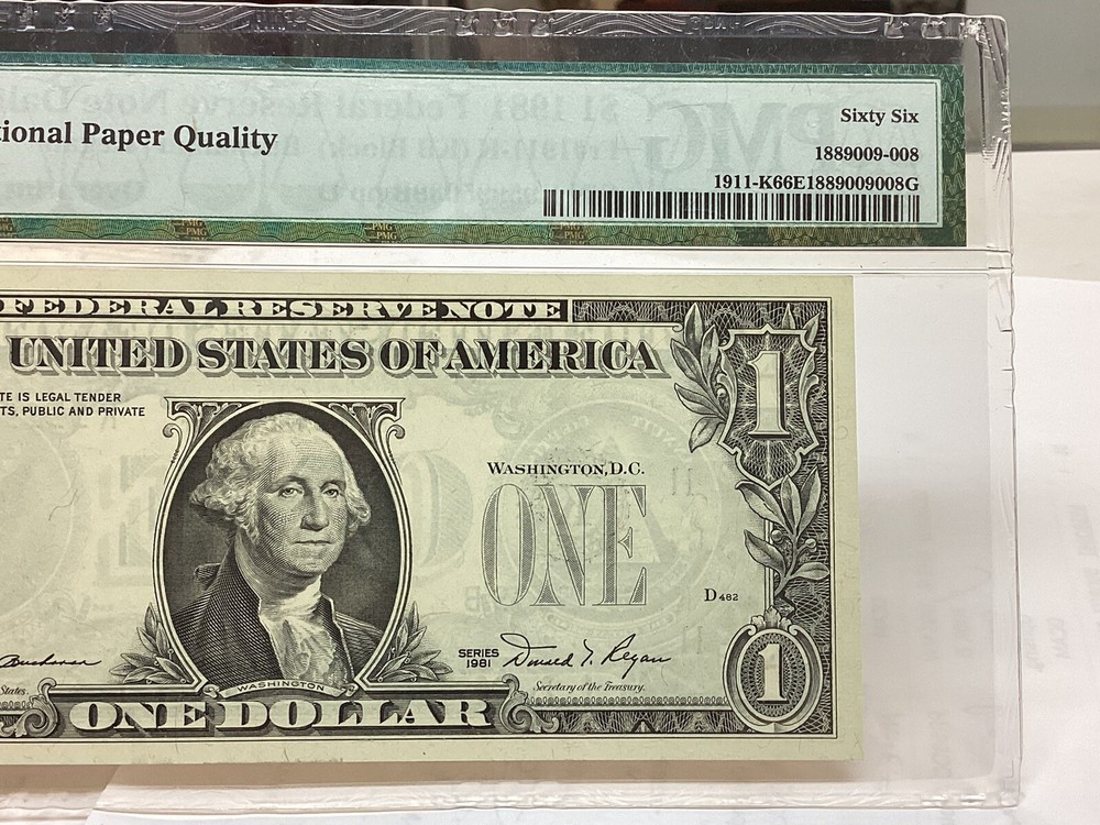$1 1981 PMG 66 EPQ And 65 EPQ Consecutive Pair Overprint On Back Errors-2 Notes