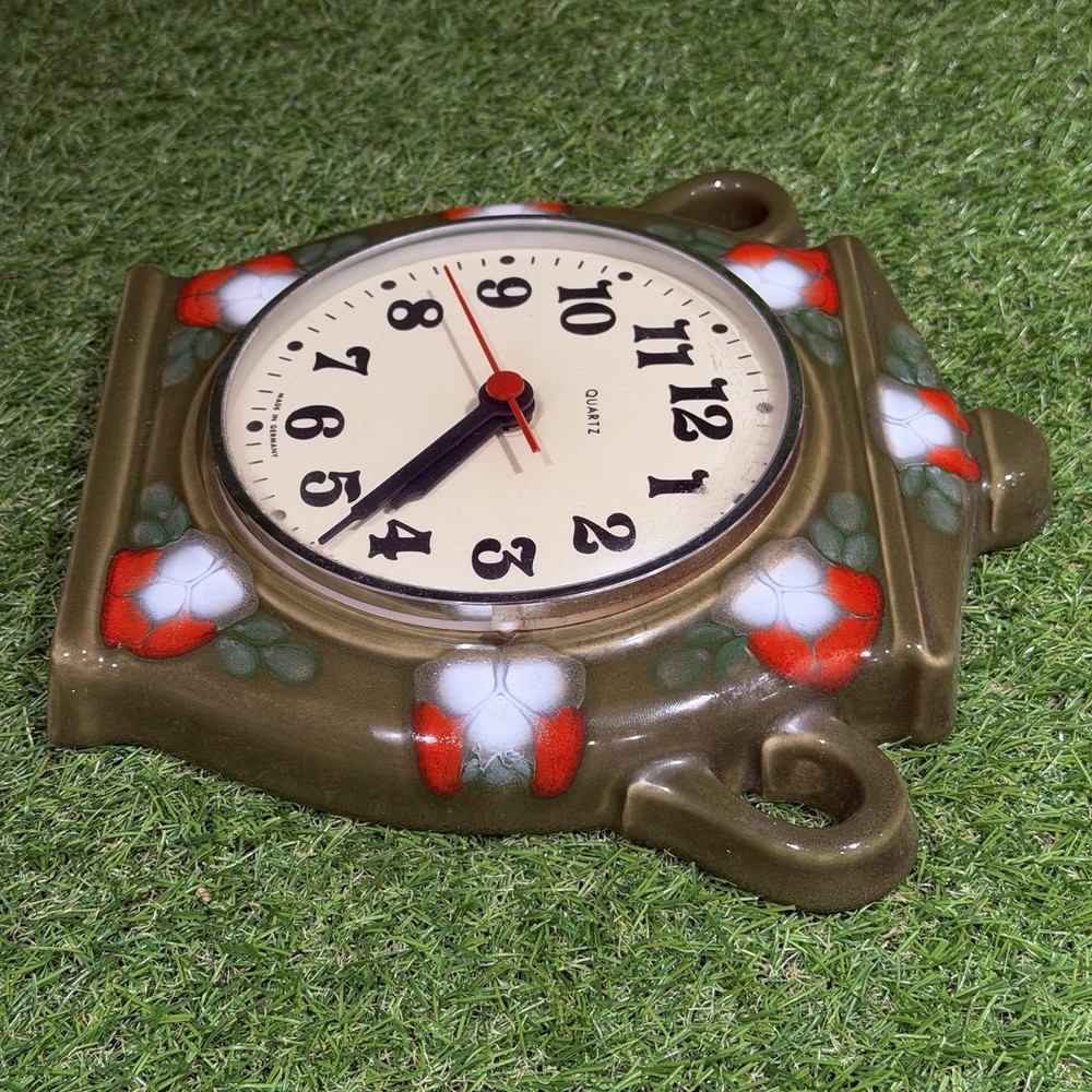 Vintage German Wall Clock Lidded Flowered Pot Ceramic / Working
