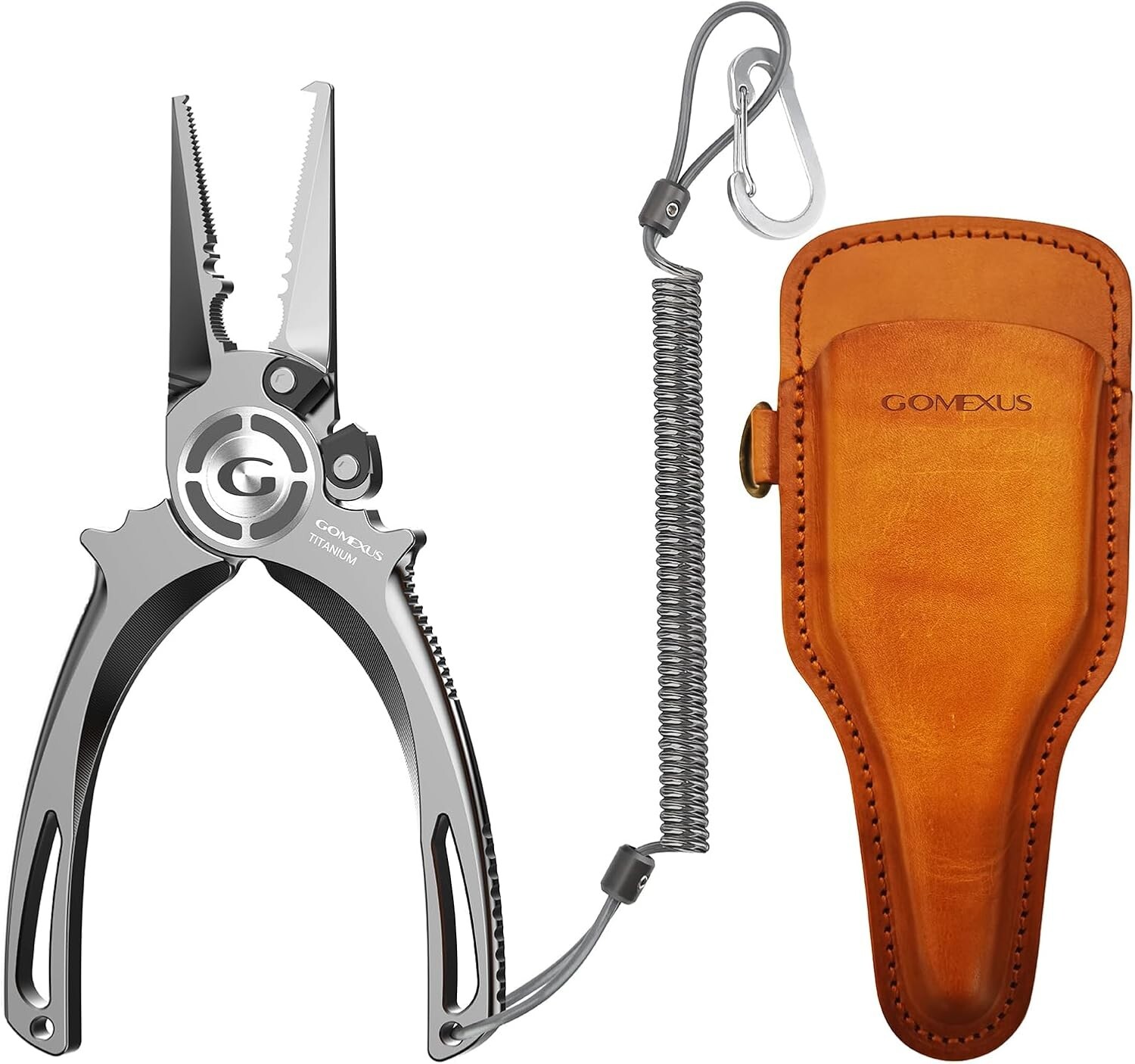 Gomexus Never Rust Titanium Fishing Plier 7'' Leather Sheath lanyard Split Ring