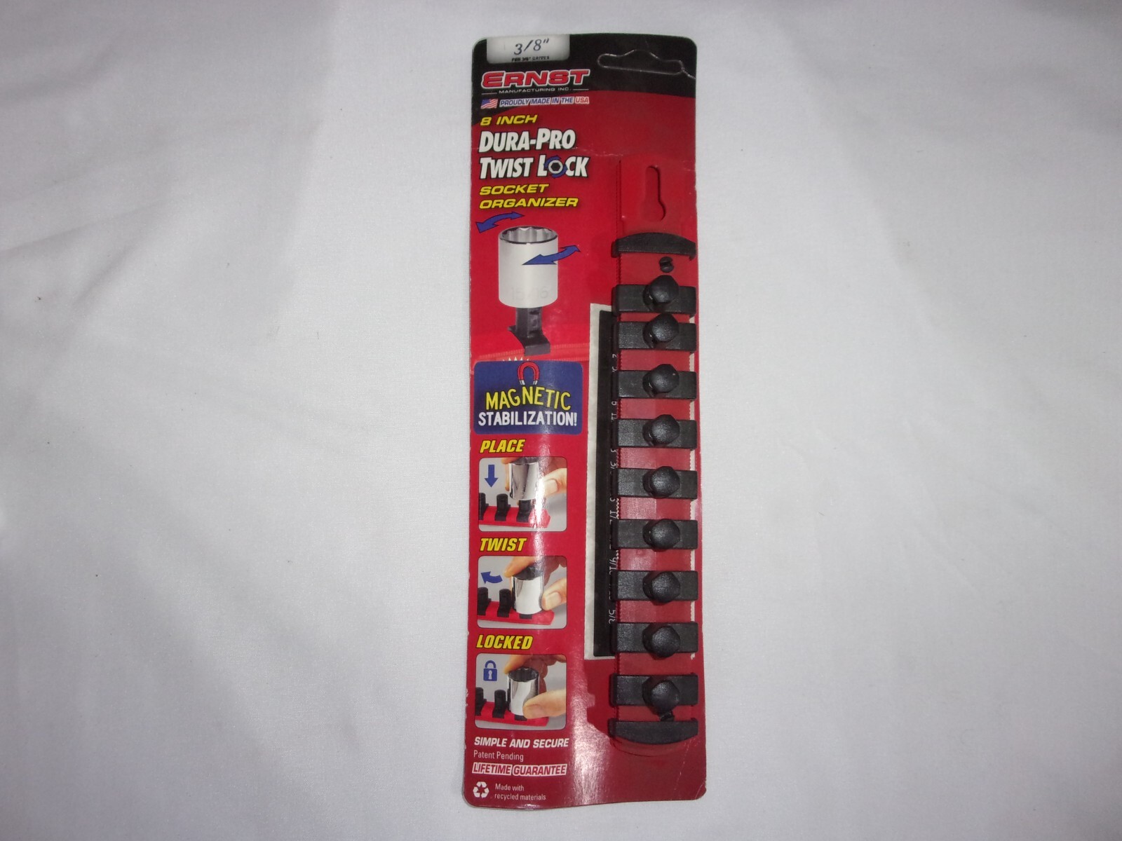 Ernst 8” Magnetic Socket Organizer w/Twist Lock Clips - Red-3/8 Made In USA