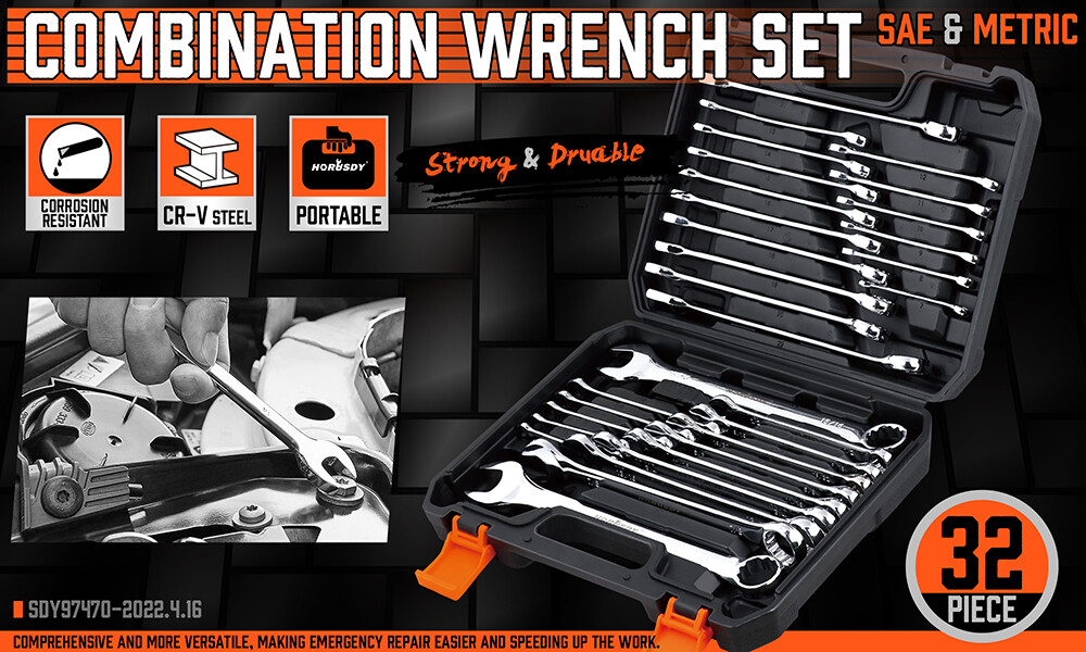 HORUSDY 32PCS Combination Wrench Set Inch MM 1/4"-1" 7mm-22mm 12 Point With Case