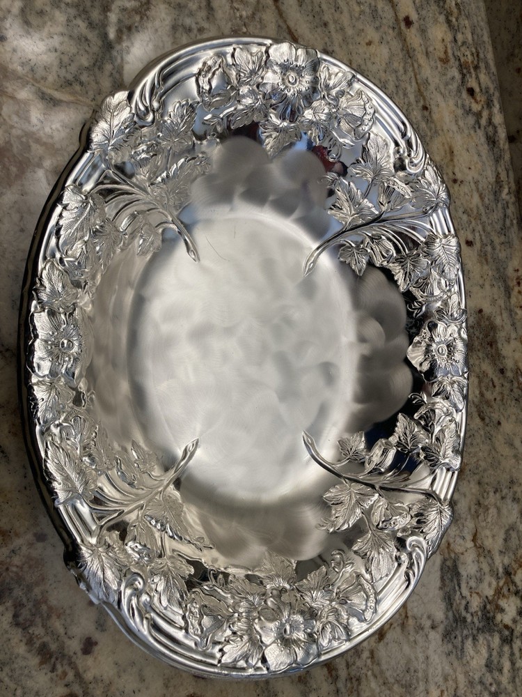 Vintage WMF Ikora Germany Floral Pattern Silver Plate Footed Oval Bowl 6286