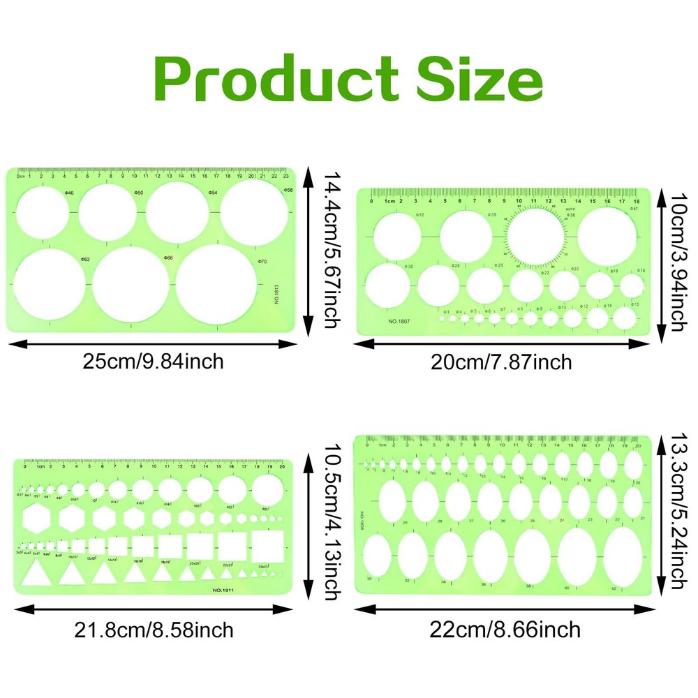 Circle Template for Drawing Drafting, 4Pcs Plastic Circle/Oval/Triangle Shape