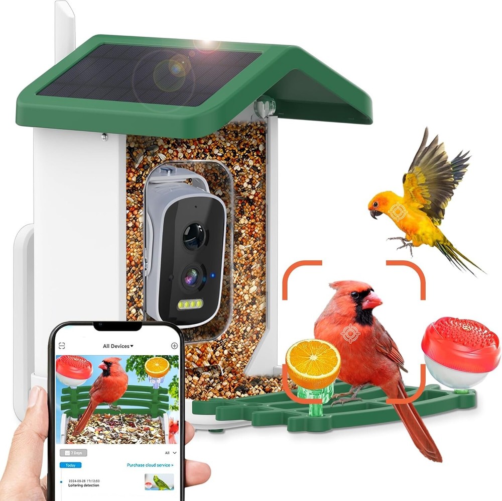 Smart AI Bird Feeder Solar-Powered Camera Auto Identifier Live View Weatherproof