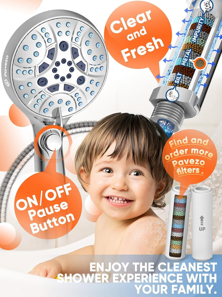 ® High Pressure Handheld Shower Head with Filter, ON/OFF Switch Pause Button, 10