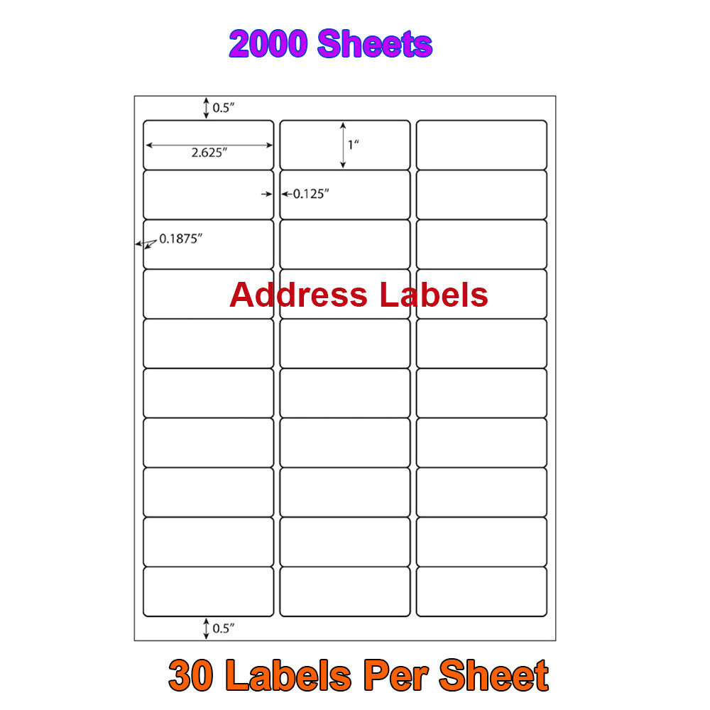 1 x 2 5/8 60000 Address Laser Ink Jet Shipping Labels 2.625 x 1 30UP 2000 Sheets