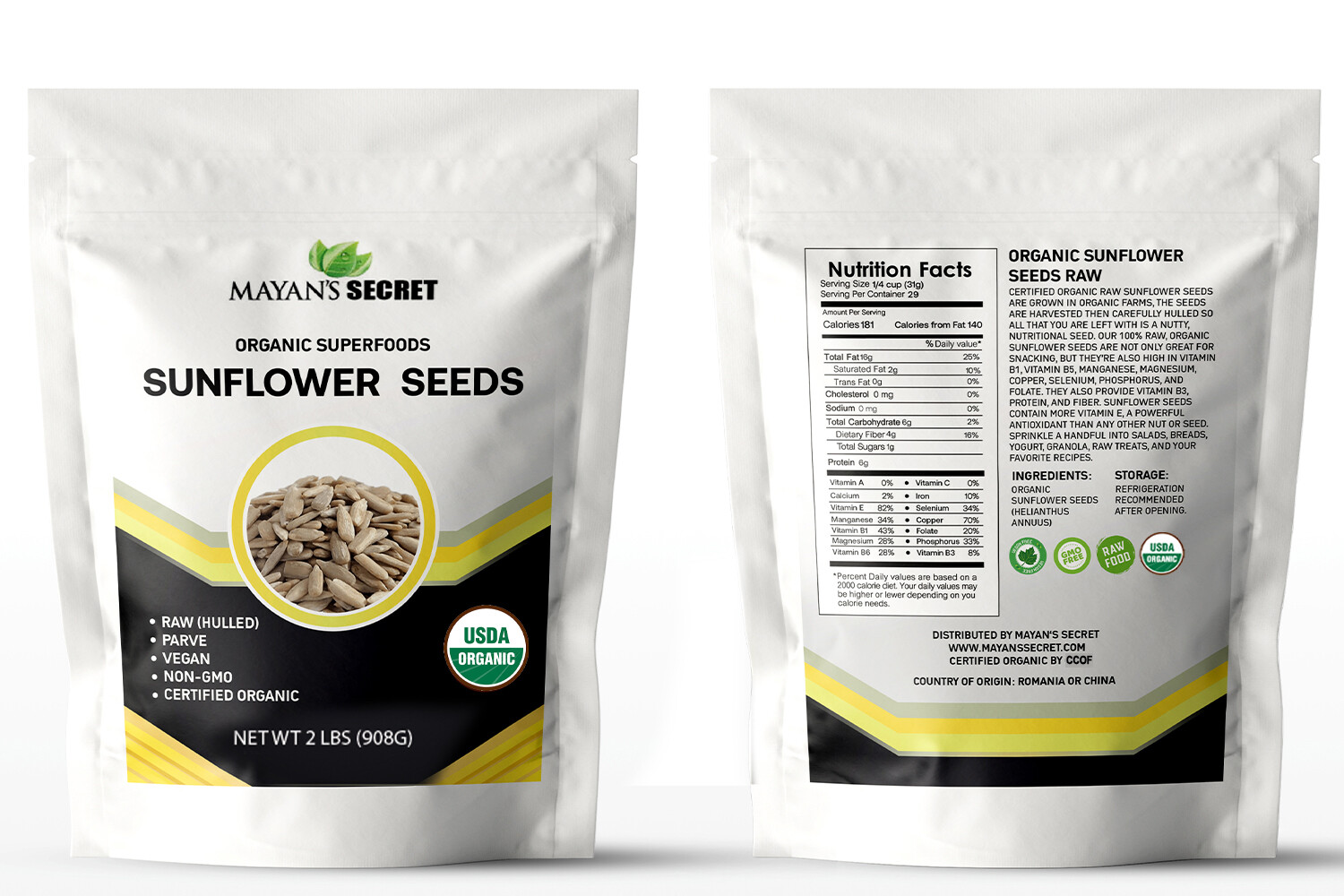 USDA Certified Organic Sunflower Seeds — Raw Kernels,No Shell,Kosher, Bulk