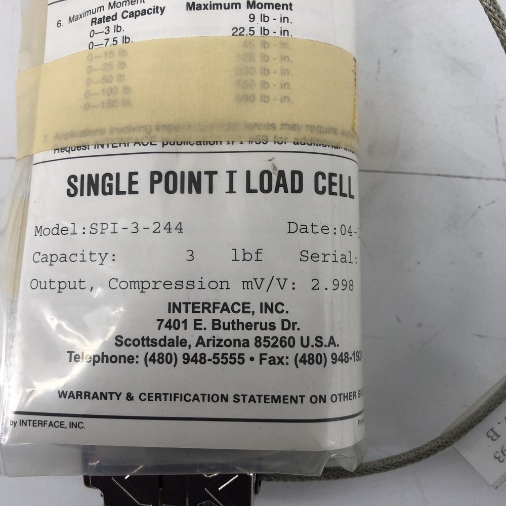 Interface SPI-3-244 Force Transducer Load Cell 3lbf Capacity NEW