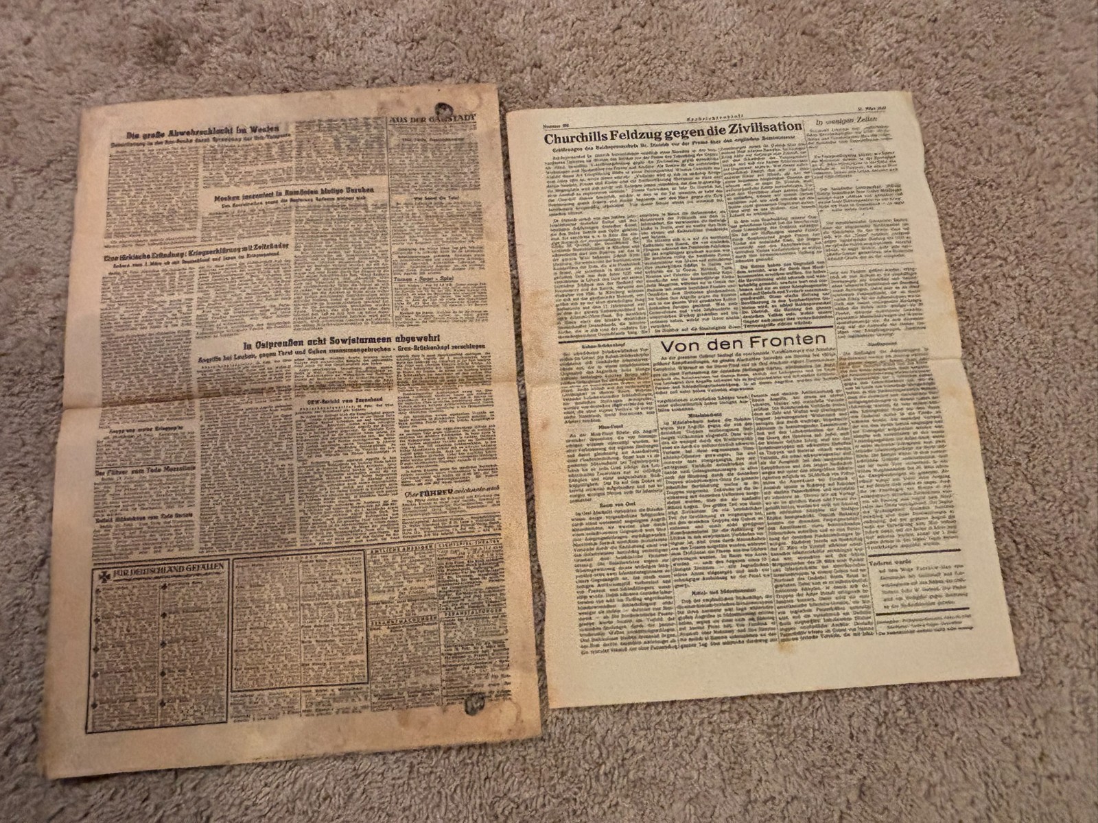 WW2 Period German Newspapers February 26, 1945 and March 31, 1943