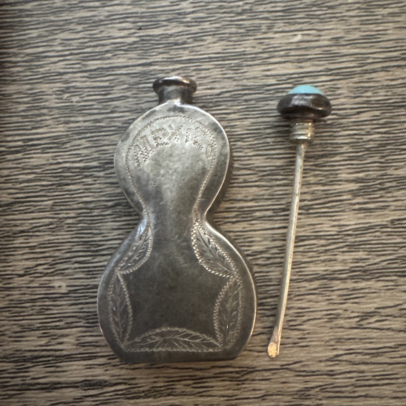 Vintage Mexican Sterling Silver Perfume Bottle Snuff Turquoise Top 1.5”