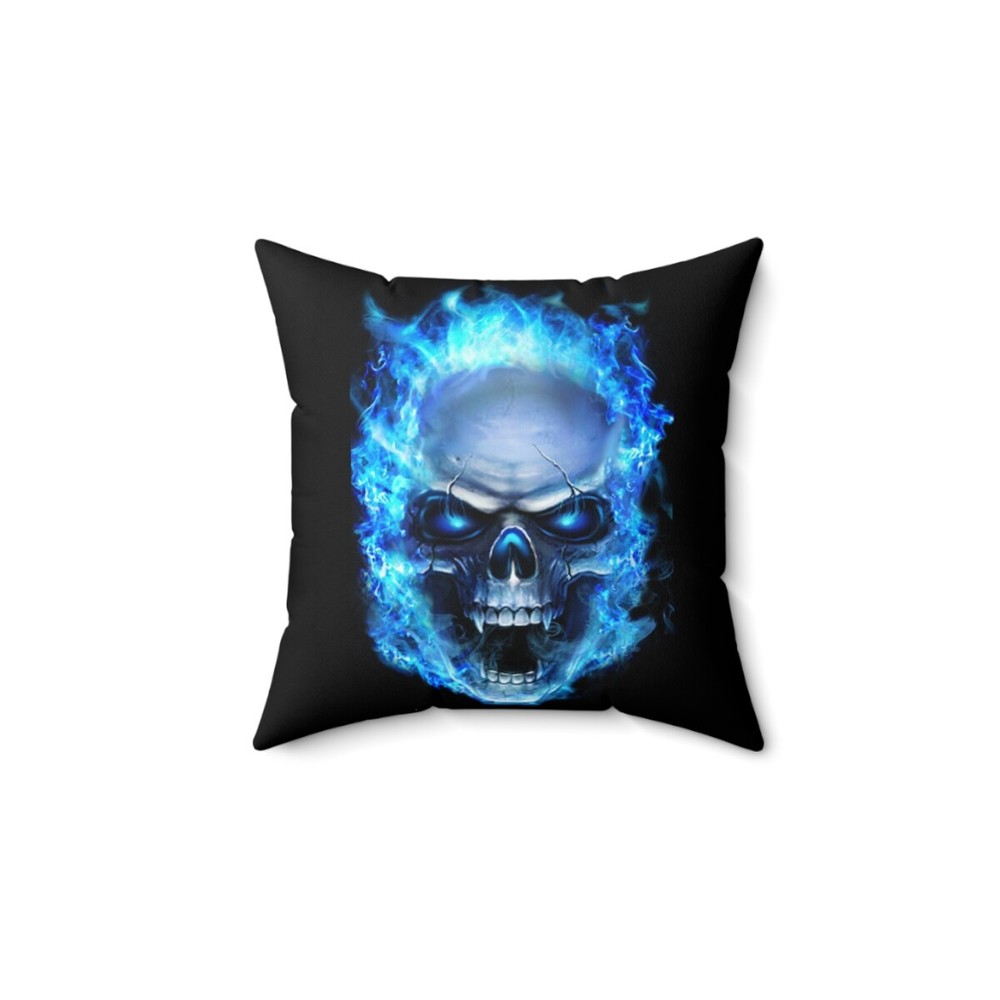 Flaming Demon Skull Blue Spun Polyester Square Pillow gift