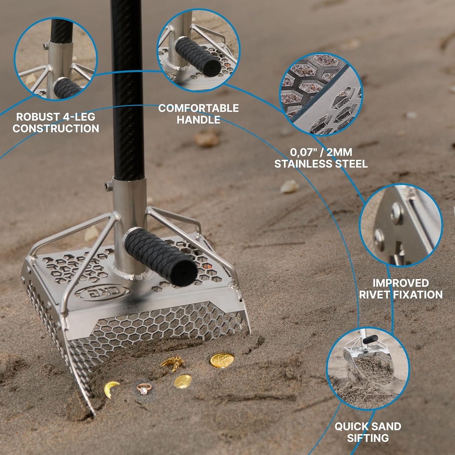 CKG Sand Scoop for Metal Detecting Sand Sifter Scoop Stainless Steel, 11x7 Model