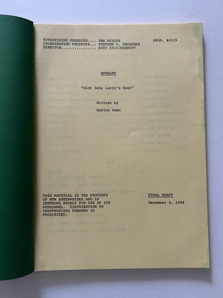 Script Original Newhart 1984 Dick Gets Larry's Goat Final Draft Bob Newhart
