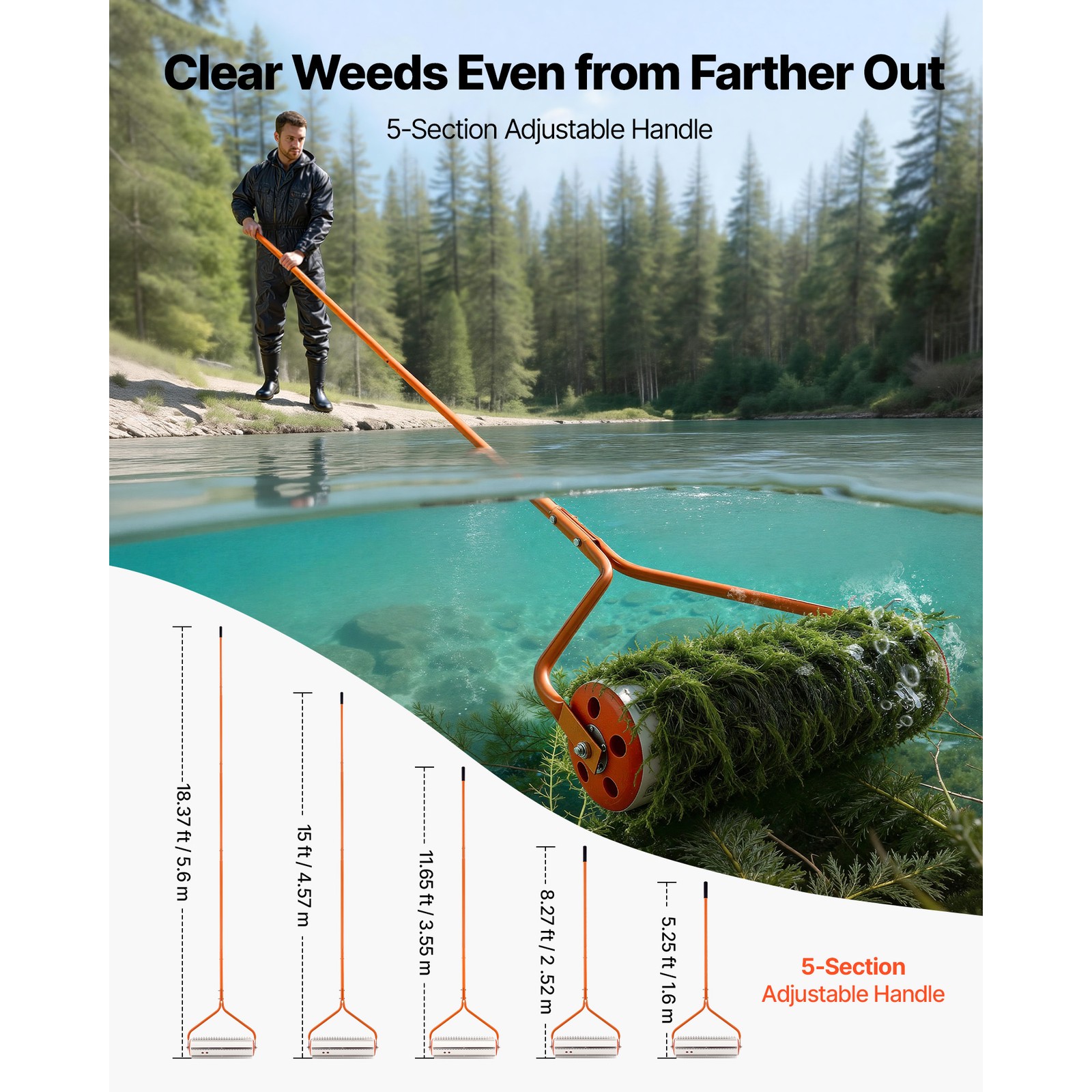 Uimoso Lake Weed Roller and Rake Tool,18ft for Clearing Weeds in Lakes and Ponds