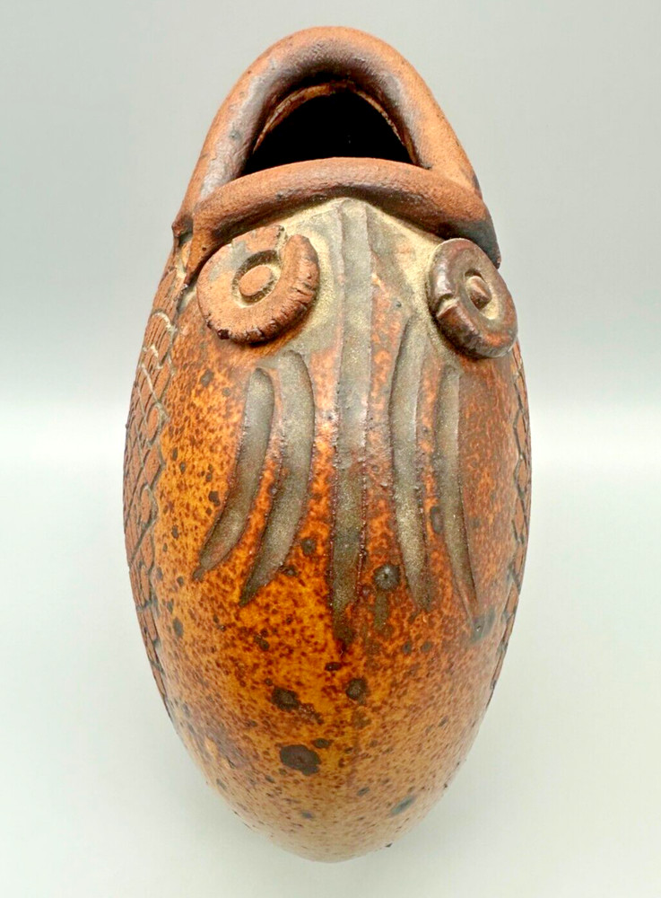 Brown Earthenware Vase Two Fish Geometric Design Unique 8.5” Diameter