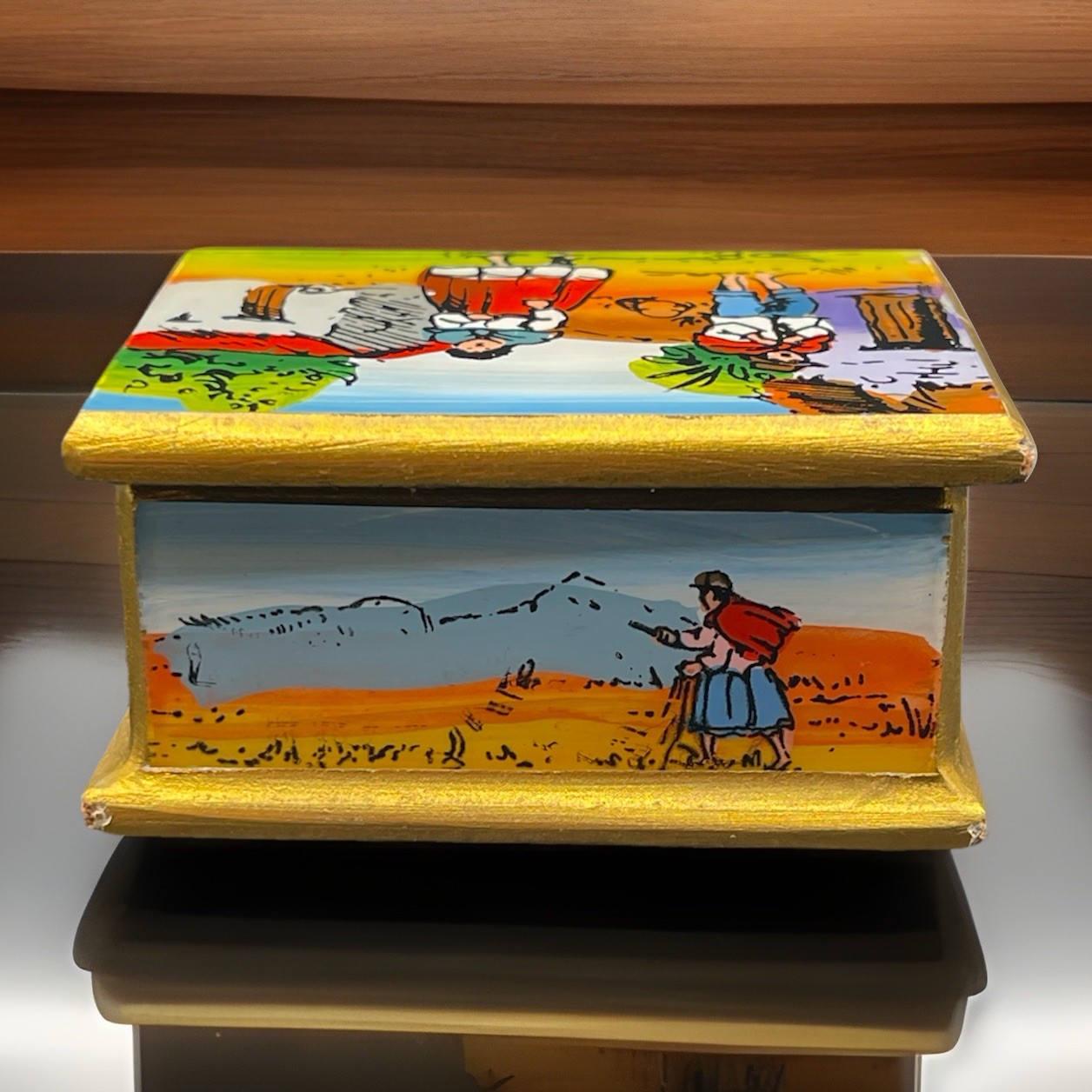 Peru Folk ART Peruvian Village Reverse Glass Painting Wooden Mini Trinket Box