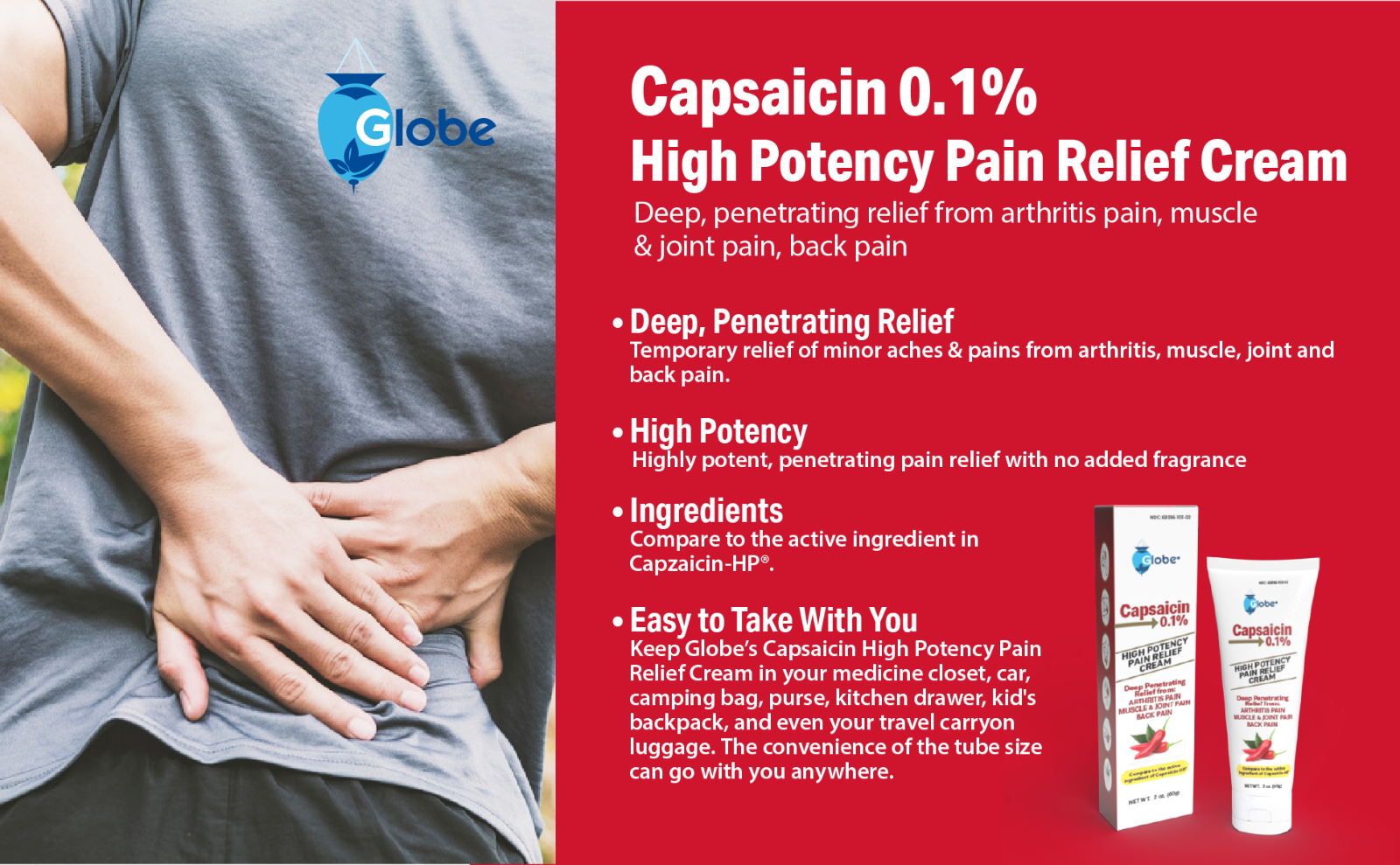 Globe Capsaicin 0.1% High Potency Pain Relief Cream (2 oz) (3 Pack)