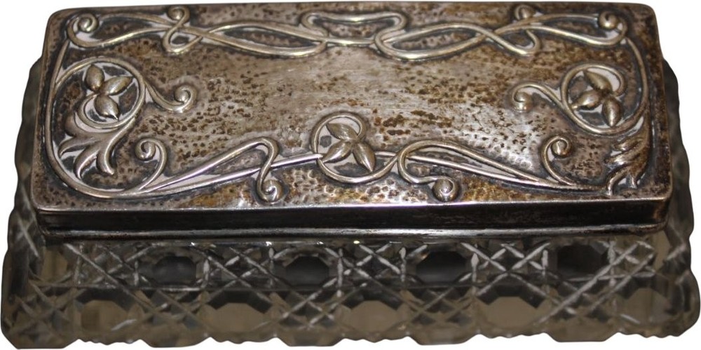 H&a Cut Glass Rectangular Trinket Box With Embossed Sterling Silver Lid