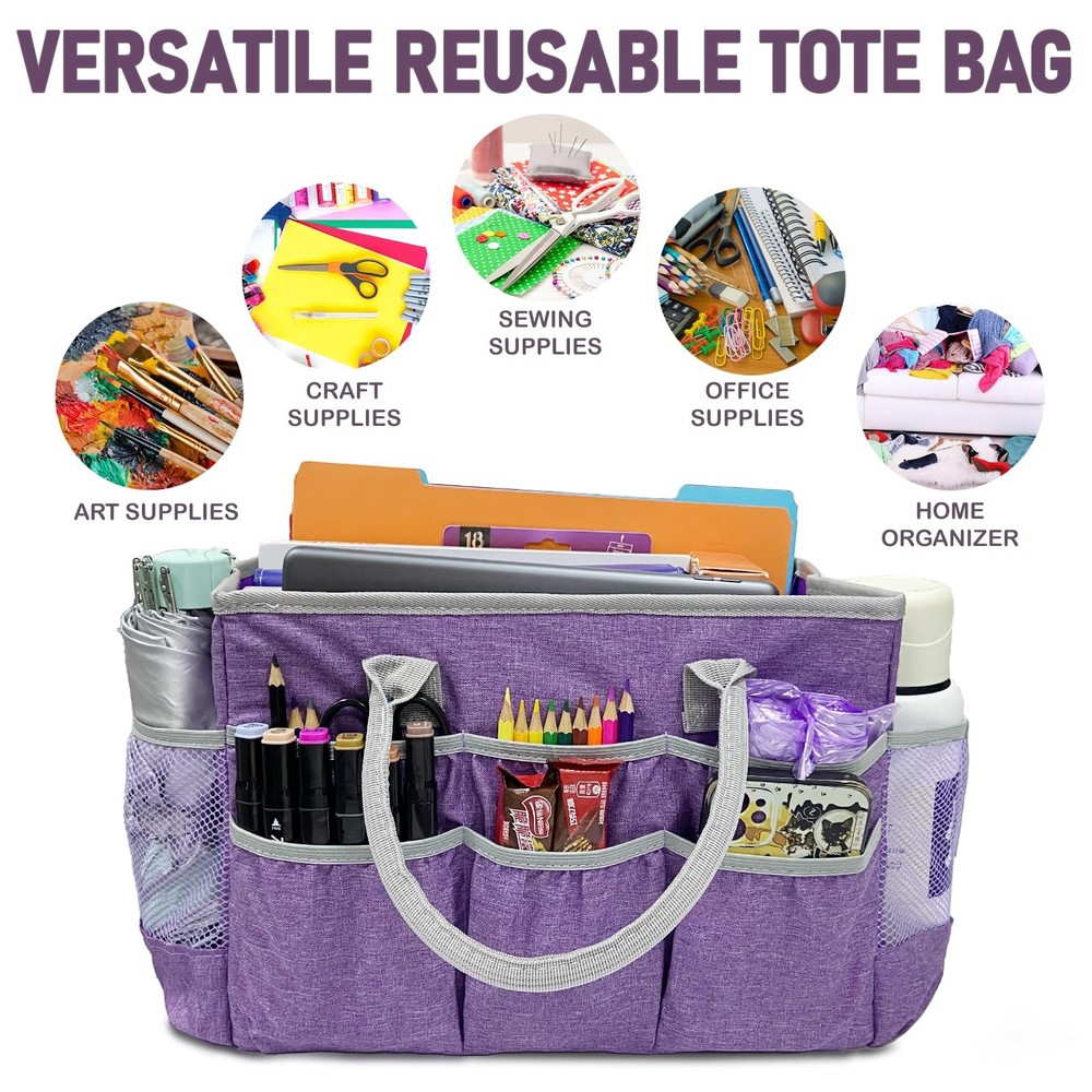 Craft Organizer Tote Bag – Craft Caddy with 2 Mesh Side Pockets & Front Elast...